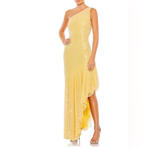 Mac Duggal Yellow Pearl Asymmetrical Ruffled High-Low Gown - Picture 1 of 8
